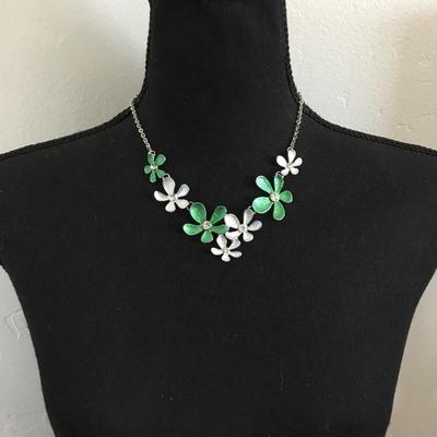 Beautiful, silver tone, silver green flower, rhinestone statement necklaces