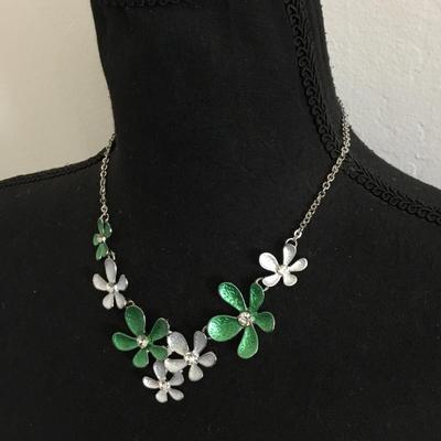Beautiful, silver tone, silver green flower, rhinestone statement necklaces
