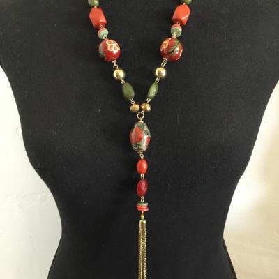 Beautiful vintage glass, plastic bead, tassel statement, necklace