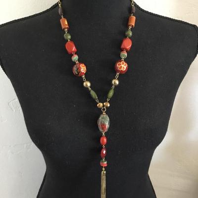Beautiful vintage glass, plastic bead, tassel statement, necklace