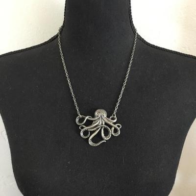 Vintage, silver, toned, octopus pendant statement, necklace