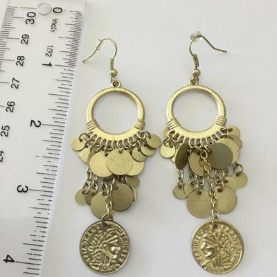 Cute satin, gold tone, Roman coin, fashion, dangle earrings