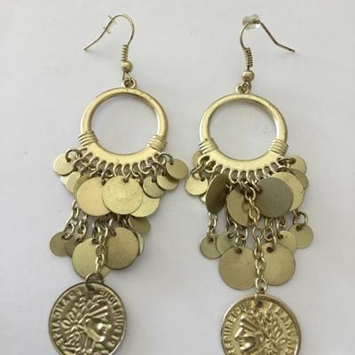 Cute satin, gold tone, Roman coin, fashion, dangle earrings