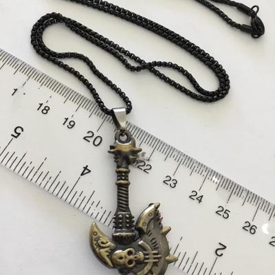 Men’s Long black, metal chain bronze, toned, axe skull pendant
