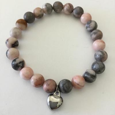 Beautiful peach, pink, gray, jasper stone bead stretch bracelet, silver tone, heart charm
