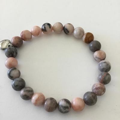 Beautiful peach, pink, gray, jasper stone bead stretch bracelet, silver tone, heart charm