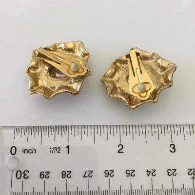 Vintage, heavy satin, gold, toned faux red stone clip on earrings