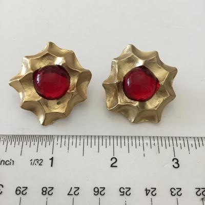 Vintage, heavy satin, gold, toned faux red stone clip on earrings