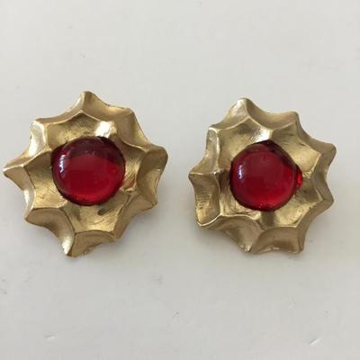 Vintage, heavy satin, gold, toned faux red stone clip on earrings