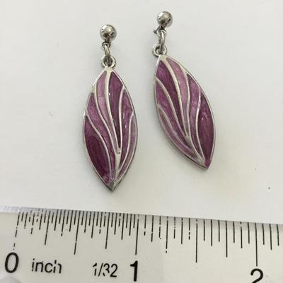 Beautiful very nice silver toned light, dark purple enamel leaf earrings