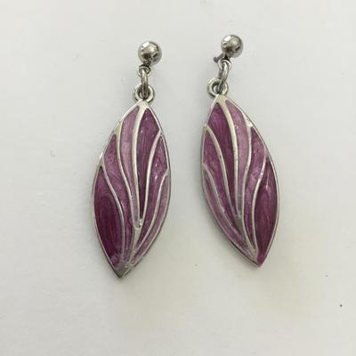 Beautiful very nice silver toned light, dark purple enamel leaf earrings