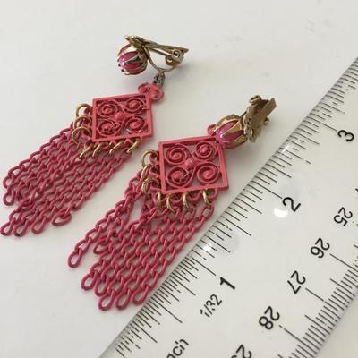 Vintage gold, toned enamel pink clip on tassel dangle earrings