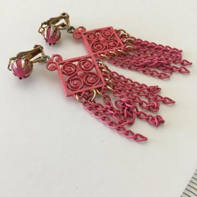 Vintage gold, toned enamel pink clip on tassel dangle earrings