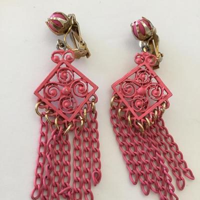 Vintage gold, toned enamel pink clip on tassel dangle earrings