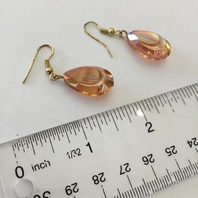 Beautiful, faceted, orange glass or crystal dangle, earrings gold toned very pretty