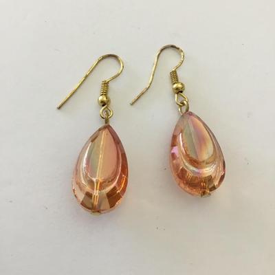 Beautiful, faceted, orange glass or crystal dangle, earrings gold toned very pretty