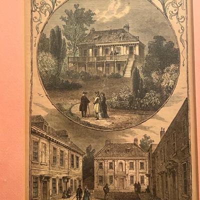 Sale Photo Thumbnail #19: Pair of finely framed antique architectural engravings with pink mats and ornate gold frames.
Titles include “Bowyer House” and “The Neckinger Tide-Stream, Bermondsey.”
Both prints bear certificates from I.D.L. Antiques guaranteeing they are over 