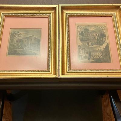 Sale Photo Thumbnail #22: Pair of finely framed antique architectural engravings with pink mats and ornate gold frames.
Titles include “Bowyer House” and “The Neckinger Tide-Stream, Bermondsey.”
Both prints bear certificates from I.D.L. Antiques guaranteeing they are over 