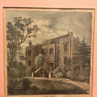 Sale Photo Thumbnail #21: Pair of finely framed antique architectural engravings with pink mats and ornate gold frames.
Titles include “Bowyer House” and “The Neckinger Tide-Stream, Bermondsey.”
Both prints bear certificates from I.D.L. Antiques guaranteeing they are over 