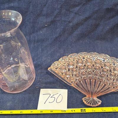 Pink Depression Glass Vase and Fan