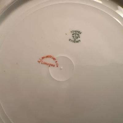 Sale Photo Thumbnail #25: Exquisite antique Limoges France porcelain cake plate, hand-decorated with pink and white roses over a soft sky-blue background. Features ornate pierced handles, scalloped rim, and raised gold beading around the border.
Dual marks include T&V Limoges Fran