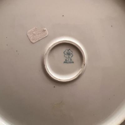 Sale Photo Thumbnail #32: Lovely pair of antique Prussian porcelain dishes, featuring hand-painted roses and elegant gold embellishment. The set includes:
1️⃣ RS Prussia shallow bowl – soft green fade, pink rose clusters, ornate scalloped rim, gold details.
2️⃣ C.J. Prus