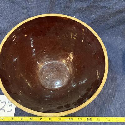 Vintage Primitive Pottery Yellow Ware Stoneware Mixing Bowl Brown Glaze u-11E