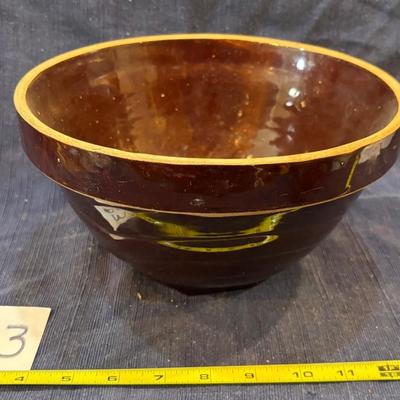 Vintage Primitive Pottery Yellow Ware Stoneware Mixing Bowl Brown Glaze u-11E