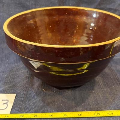 Vintage Primitive Pottery Yellow Ware Stoneware Mixing Bowl Brown Glaze u-11E