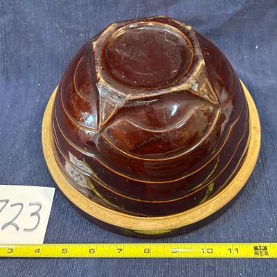 Vintage Primitive Pottery Yellow Ware Stoneware Mixing Bowl Brown Glaze u-11E