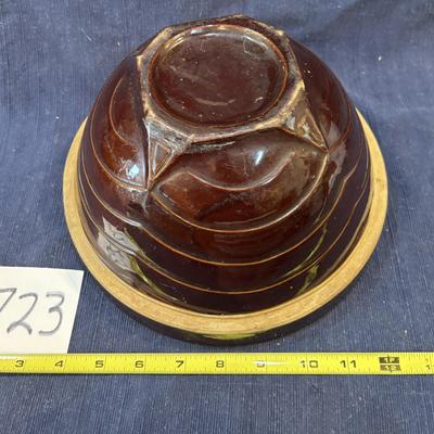 Vintage Primitive Pottery Yellow Ware Stoneware Mixing Bowl Brown Glaze u-11E