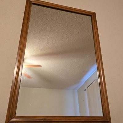 Mid-century modern walnut nine-drawer lowboy dresser by Dixie Furniture Co. with a matching mirror.