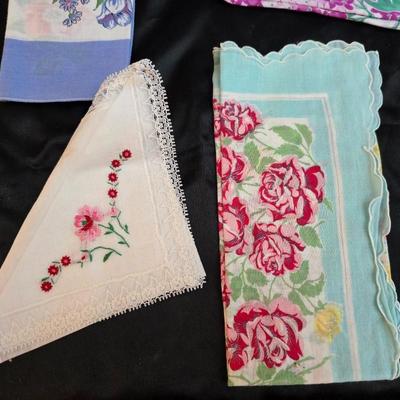 Mid-Century Vintage Hat Box with an assortment of Women's Collectible hats / veils & Vintage linen handkerchiefs.