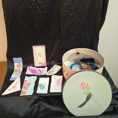 Mid-Century Vintage Hat Box with an assortment of Women's Collectible hats / veils & Vintage linen handkerchiefs.
