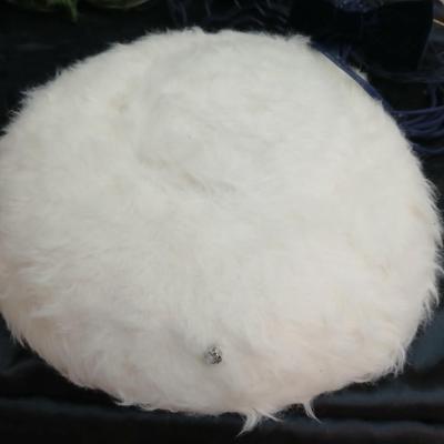 Mid-Century Vintage Hat Box with an assortment of Women's Collectible hats / veils & Vintage linen handkerchiefs.