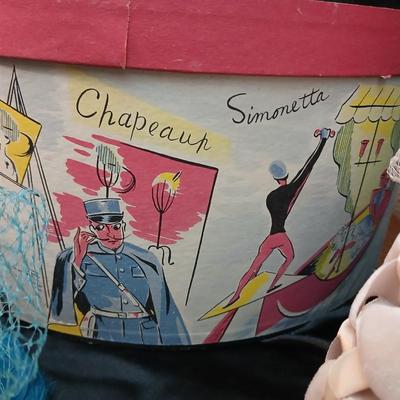 Mid-Century Vintage Hat Box with an assortment of Women's Collectible hats / veils & Vintage linen handkerchiefs.