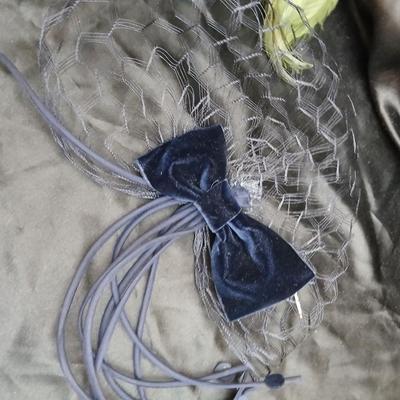 Mid-Century Vintage Hat Box with an assortment of Women's Collectible hats / veils & Vintage linen handkerchiefs.