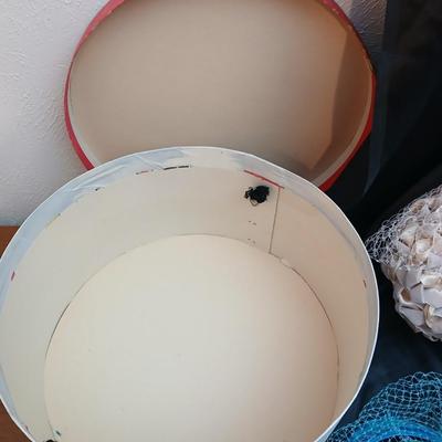 Mid-Century Vintage Hat Box with an assortment of Women's Collectible hats / veils & Vintage linen handkerchiefs.