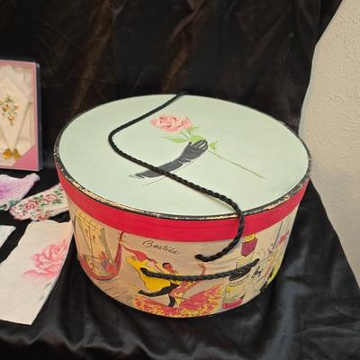 Mid-Century Vintage Hat Box with an assortment of Women's Collectible hats / veils & Vintage linen handkerchiefs.