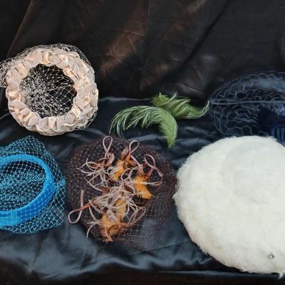 Mid-Century Vintage Hat Box with an assortment of Women's Collectible hats / veils & Vintage linen handkerchiefs.