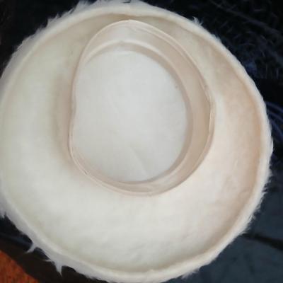 Mid-Century Vintage Hat Box with an assortment of Women's Collectible hats / veils & Vintage linen handkerchiefs.