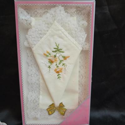 Mid-Century Vintage Hat Box with an assortment of Women's Collectible hats / veils & Vintage linen handkerchiefs.