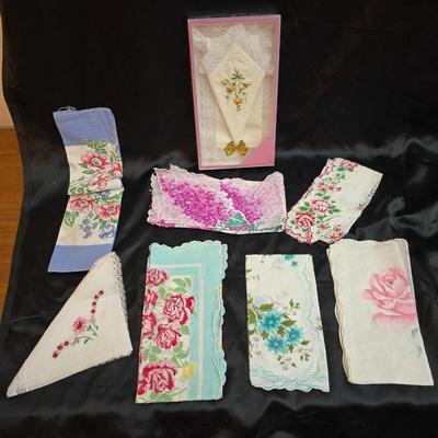 Mid-Century Vintage Hat Box with an assortment of Women's Collectible hats / veils & Vintage linen handkerchiefs.