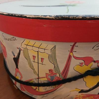 Mid-Century Vintage Hat Box with an assortment of Women's Collectible hats / veils & Vintage linen handkerchiefs.