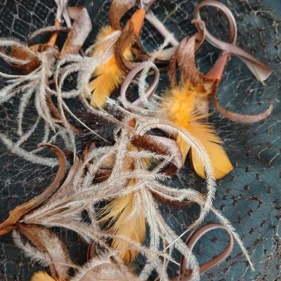 Mid-Century Vintage Hat Box with an assortment of Women's Collectible hats / veils & Vintage linen handkerchiefs.