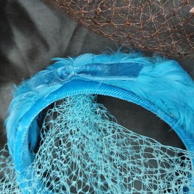 Mid-Century Vintage Hat Box with an assortment of Women's Collectible hats / veils & Vintage linen handkerchiefs.