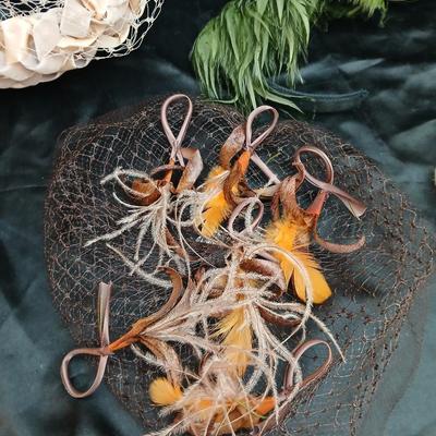Mid-Century Vintage Hat Box with an assortment of Women's Collectible hats / veils & Vintage linen handkerchiefs.