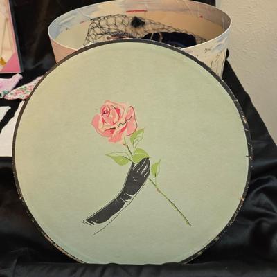 Mid-Century Vintage Hat Box with an assortment of Women's Collectible hats / veils & Vintage linen handkerchiefs.