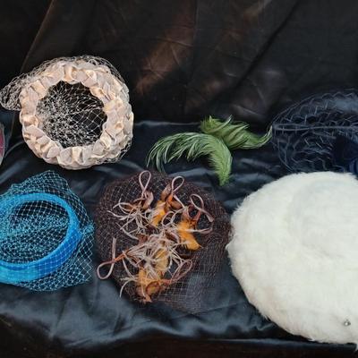 Mid-Century Vintage Hat Box with an assortment of Women's Collectible hats / veils & Vintage linen handkerchiefs.