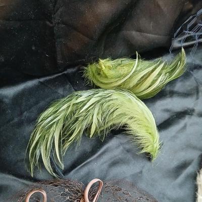 Mid-Century Vintage Hat Box with an assortment of Women's Collectible hats / veils & Vintage linen handkerchiefs.